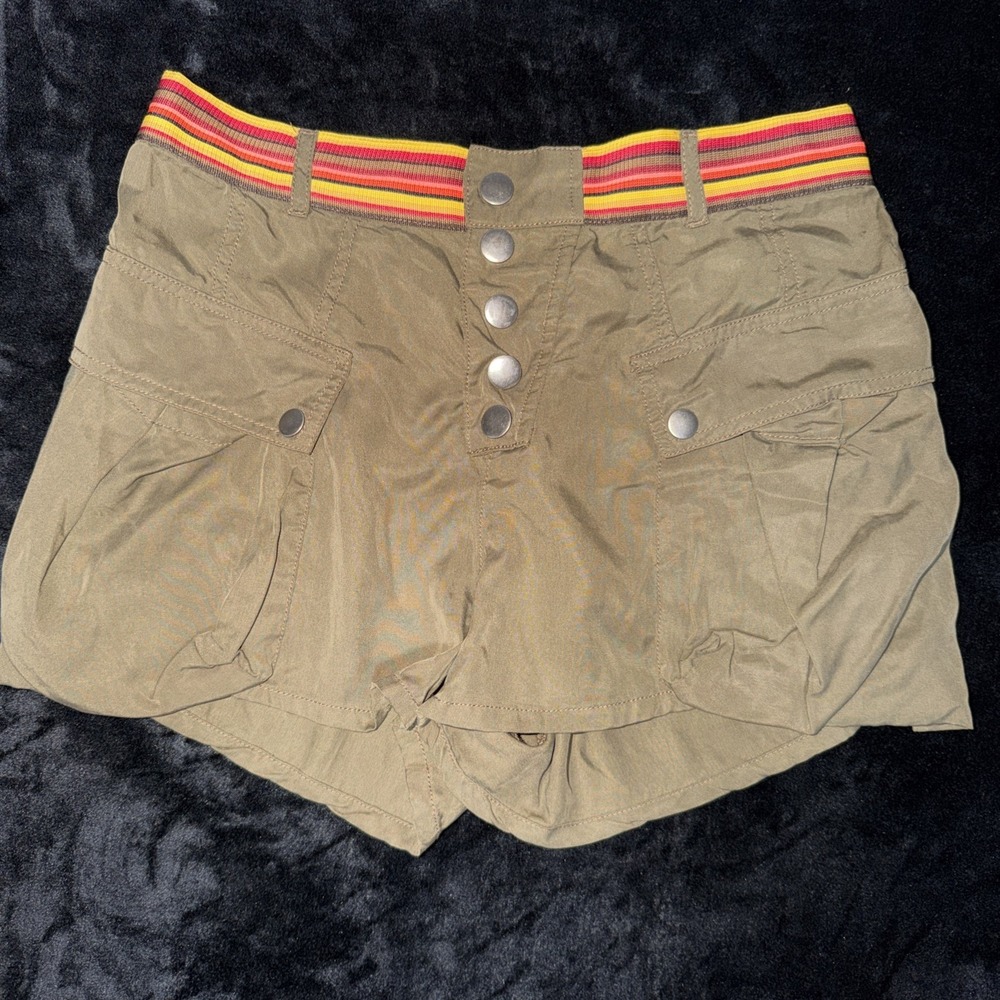 Free People Olive‎ Green Button Fly Cargo Shorts with Striped Waistband SZ 2